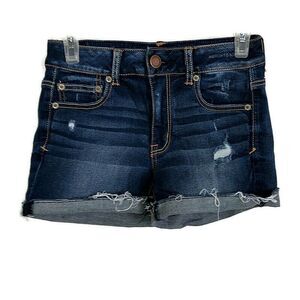 American Eagle Womens sz 4 Shorts Blue Denim Dark Wash Faded Distressed Cutoffs